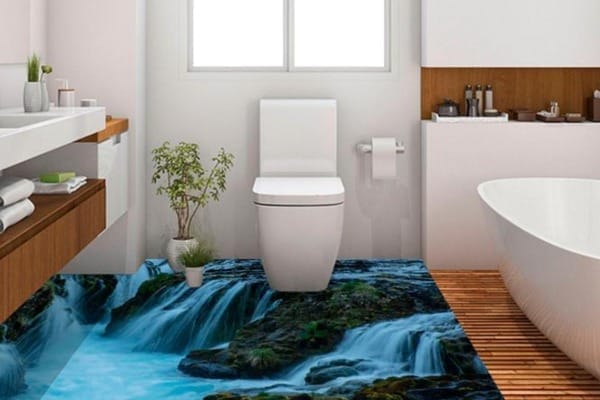 banheiro com piso resinado azul 3d
